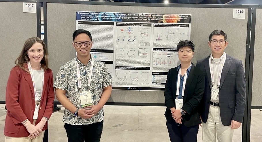 EnsomaBio's tweet photo. It's been a great week at #SITC25. Scientists Alvin P. &amp; Yiwen Z. will present posters on our in vivo, HSC-derived CAR-M, NK &amp; T platform's anti-tumor activity &amp; its potential to generate lineage-restricted CAR cells in #solidtumors this evening, 11/7 &amp; tomorrow, 11/8. Join us! https://t.co/cwU3NPPRDH