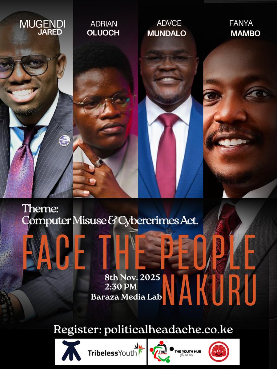 TheYouthHubKe's tweet photo. This Saturday, together with @TribelessYouth, we'll host the #FaceThePeople by Political Headache at Baraza Media Lab Nakuru from 2pm
Are you interested in Nakuru's governance and the state of digital spaces in Kenya?
Kuja na mbogi tubonge
#TubongeSense
#DigitalRightsKe https://t.co/vy8FIz9Kei