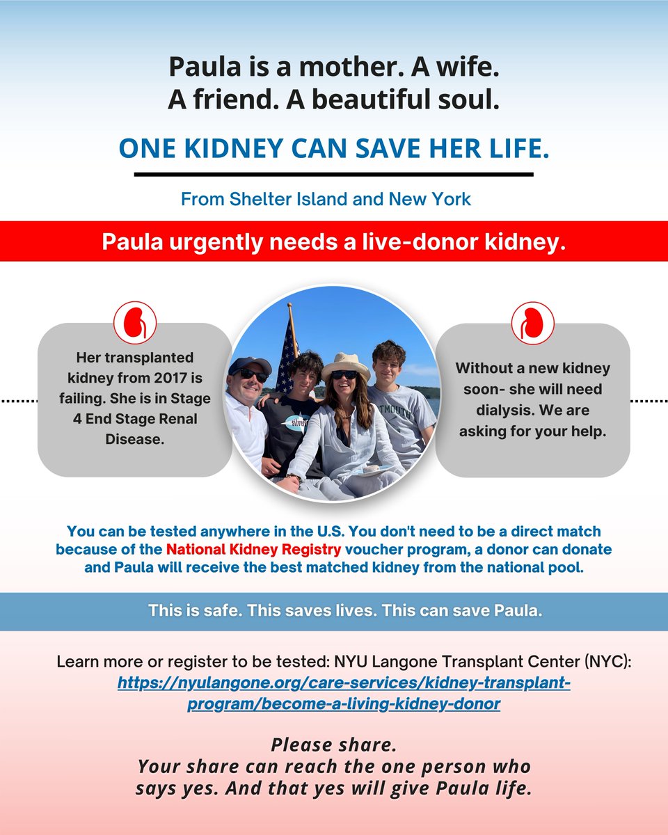 marieeiffel's tweet image. Paula’s transplanted kidney from 2017 is failing. She’s now in Stage 4 End Stage Renal Disease — and needs a living kidney donor urgently.

She’s a mother. A wife. A friend. A beautiful soul.
ONE KIDNEY CAN SAVE HER LIFE.