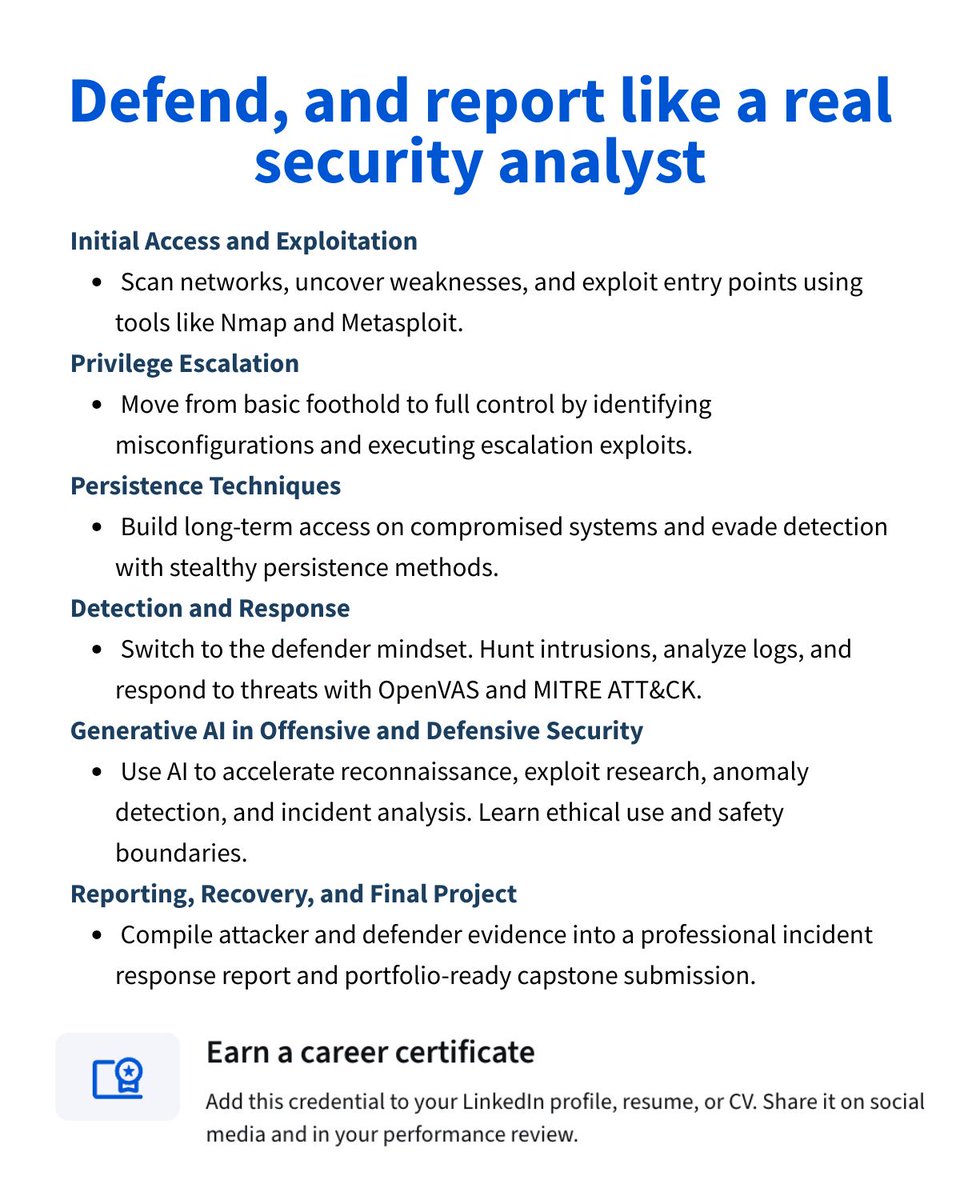 CognitiveClass's tweet image. Step into the role of both attacker and defender in this capstone and prove you can secure systems from every angle.

You will understand the strategies of hackers and build a full incident response package, and complete a portfolio-ready final report. Employers want proof of…