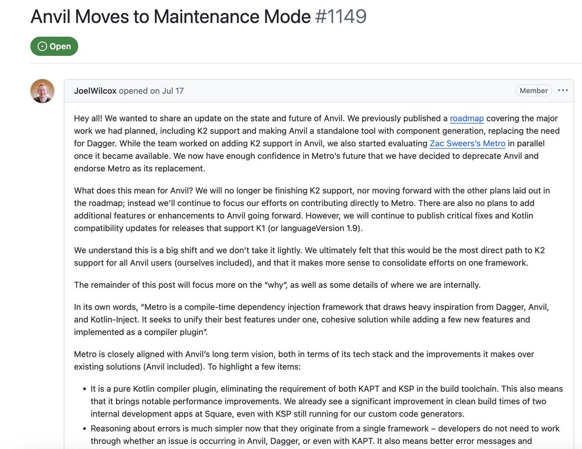 Hot take: Dependency Injection on Android just got a huge upgrade!!

Square just moved Anvil to maintenance mode to adopt Metro - a DI framework built by ONE PERSON that's 47-56% faster than Dagger+Anvil.

This is what "individual developers changing ecosystems" looks like 🧵