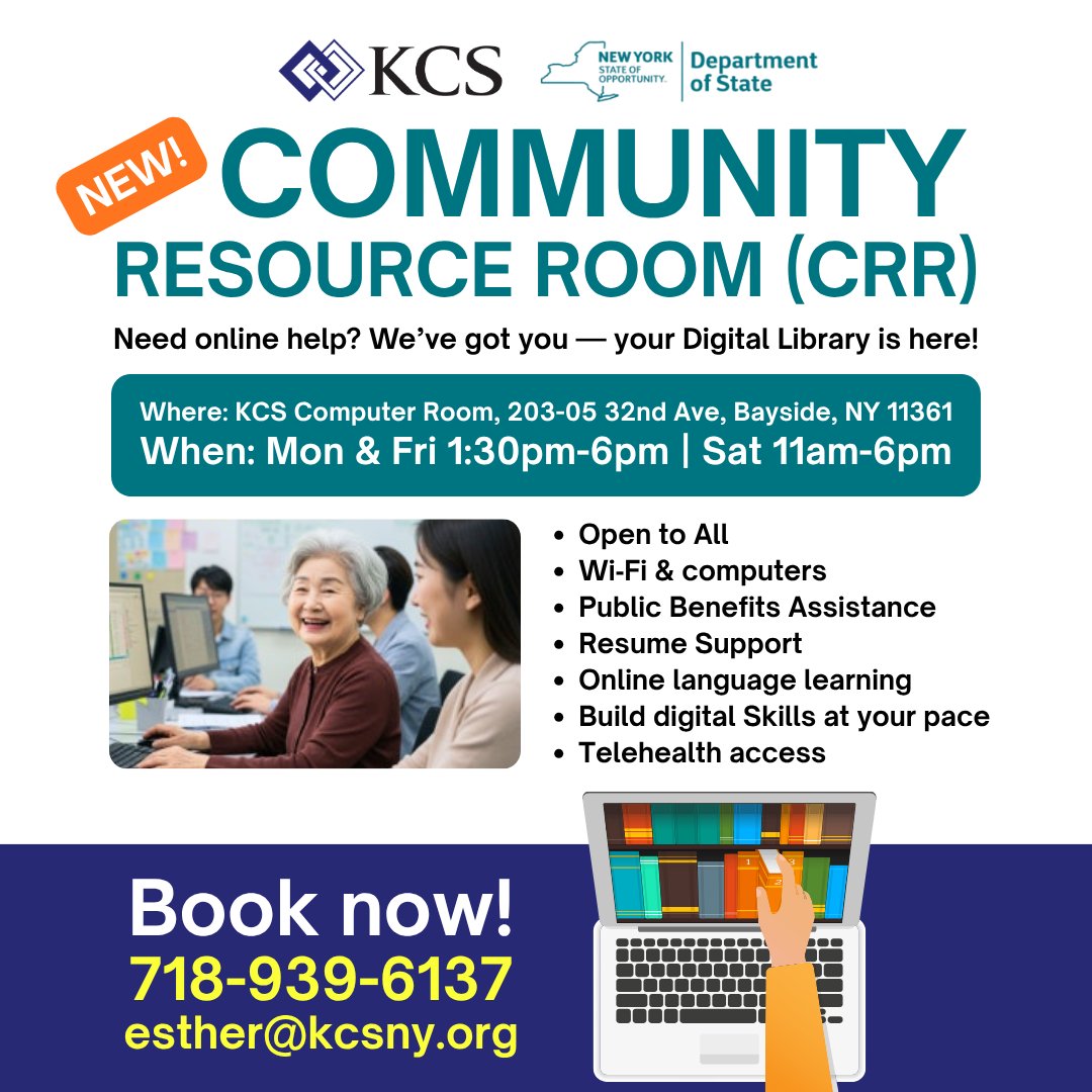 kcsnewyork's tweet image. NEW! The KCS Community Resource Room is now open!
Everyone is welcome to use free Wi-Fi and computers and receive support with public benefits applications, resume writing, language learning, digital skill development, and telehealth access.

#Computer #Resource #Wifi