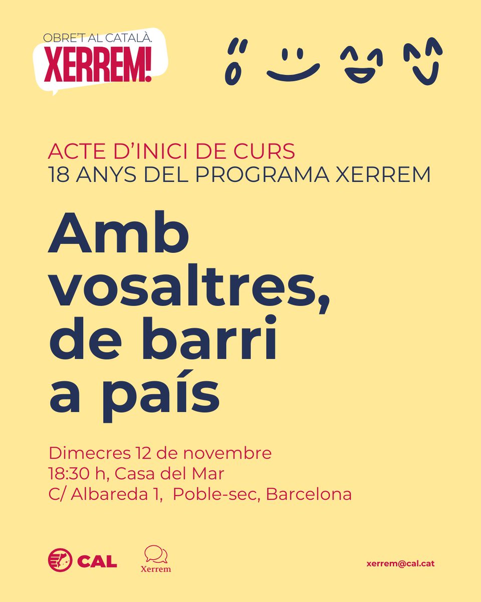 Celebrem 18 anys de grups de conversa en català Xerrem per fomentar l'ús social del català i la cohesió comunitària: amb Marta Salicrú, Lo Pau de Ponts i representants de la CAL.

12/11 | 18:30 h 
Casa del Mar | Bcn

Volem comptar amb tu!

🔗Inscriu-t'hi: forms.gle/t7LyTsMe5S3bFy…