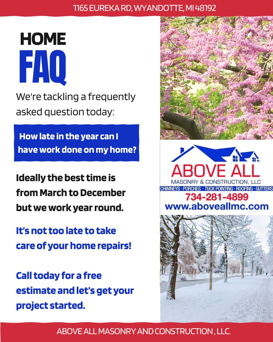 AboveAllMC's tweet photo. Wondering how late in the year you can schedule home repairs? 🏠
Good news! It’s not too late!

Above All Masonry &amp; Construction works year-round to keep your home in great shape.

📞 Call today for a free estimate and let’s get your project started! 734-281-4899 https://t.co/pcI1ad6Lou