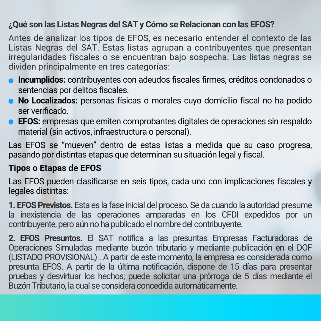 DSOFT_MX's tweet image. Tiempos y plazos para que un contribuyente se tipifique como EFOS Definitivo

Los #EFOS son un foco de atención para el #SAT bajo el Art 69B del #CFF. A través de distintas etapas la #autoridad clasifica a estos #contribuyentes conforme avanza su proceso.

dsoft.mx