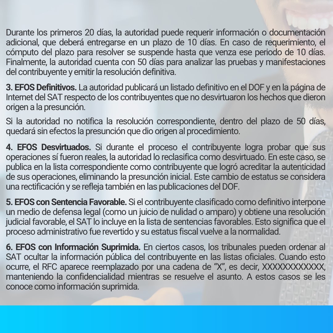 DSOFT_MX's tweet image. Tiempos y plazos para que un contribuyente se tipifique como EFOS Definitivo

Los #EFOS son un foco de atención para el #SAT bajo el Art 69B del #CFF. A través de distintas etapas la #autoridad clasifica a estos #contribuyentes conforme avanza su proceso.

dsoft.mx