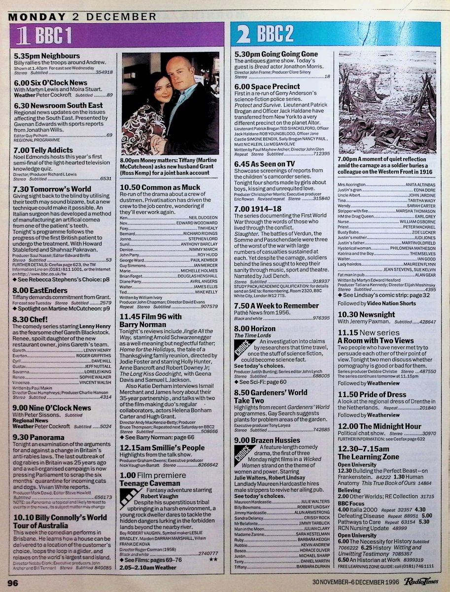 TvDidYouSee's tweet photo. #OnThisDay 2 December 1996 📺TV Listings
MOLL FLANDERS, featuring #DanielCraig, continues.
#JulieWalters and #RobertLindsay star in comedy-drama BRAZEN HUSSIES.
#BillyConnolly is on his WORLD TOUR OF SCOTLAND, whilst #CliveJames sends a POSTCARD FROM MEXICO CITY. https://t.co/ZRQ6P62C6Q