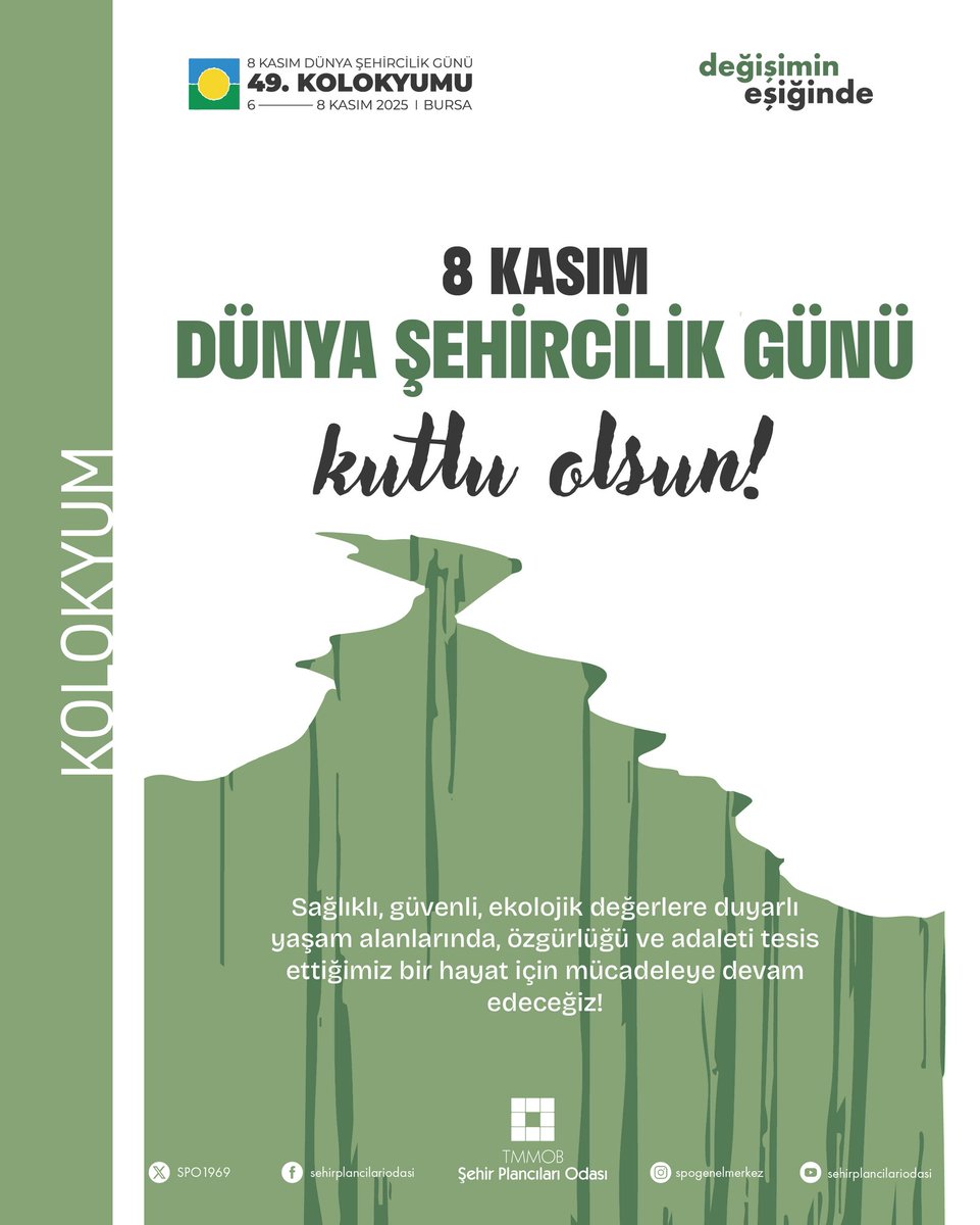 Sağlıklı, güvenli, ekolojik değerlere duyarlı yaşam alanlarında, özgürlüğü ve adaleti tesis ettiğimiz bir hayat için mücadeleye devam edeceğiz! 

8 Kasım Dünya Şehircilik Günü kutlu olsun! 

#DŞG49 #DünyaŞehircilikGünü