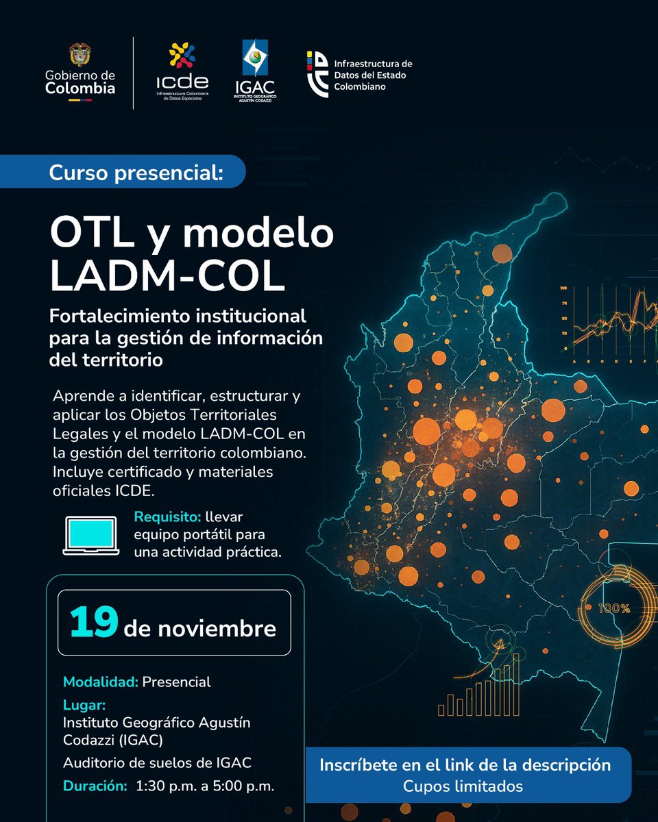 Participa del curso presencial “OTL y modelo LADM-COL” orientado al fortalecimiento institucional para la gestión de información del territorio.

🗓️ Noviembre 19
📍 IGAC – Auditorio Suelos
🕐 De 1:30 a 5 p.m.
💻 Lleva portátil
🔗 Inscríbete: forms.office.com/r/fVaMDTvdHV

#ICDEColombia