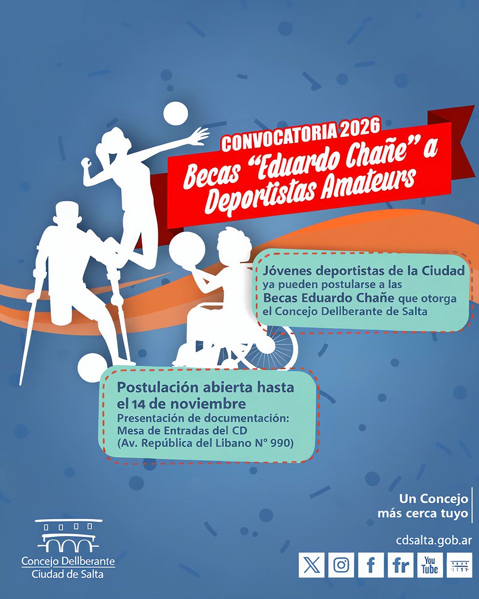 📣 | Hasta el viernes 14 de noviembre, jóvenes deportistas destacados pueden postularse a las Becas “Eduardo Chañe”.

Más info 📲 cdsalta.gob.ar/index.php/2025…