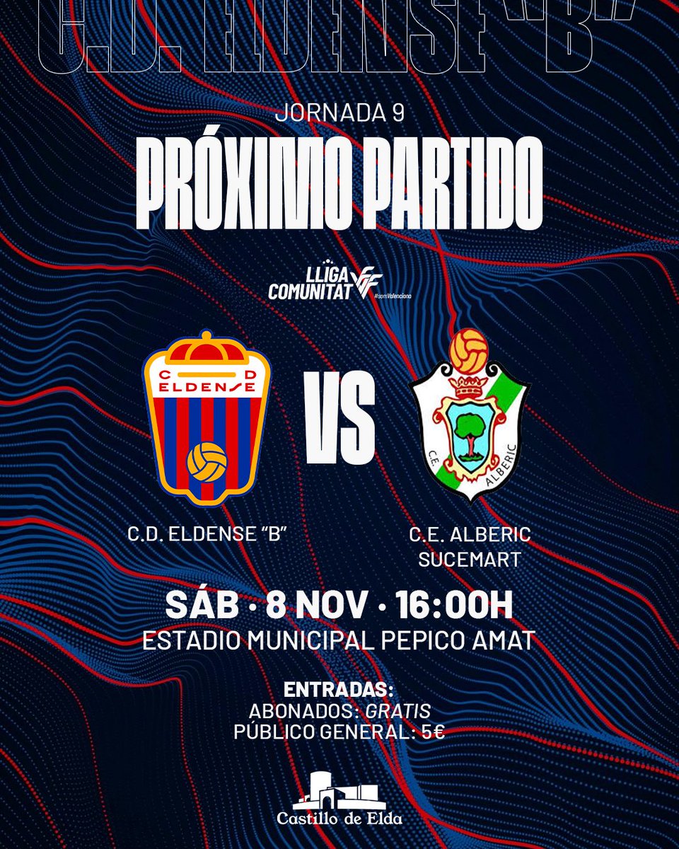 🏆 Lliga #ÀPuntComunitat 
𝗝𝗢𝗥𝗡𝗔𝗗𝗔 9️⃣ #CDEldenseB 

🆚 <a href="/CEAlberic/">CE Alberic</a> 
🗓 Sábado 8 de noviembre 
⌚️ 16:00h.
🏟 Estadio Municipal Pepico Amat
📲 #EldenseBAlberic 

🎟️ Abonados: 𝙂𝙍𝘼𝙏𝙄𝙎
🎫 Público General: 5€

#FeEnElDestino #FuturoAzulgrana