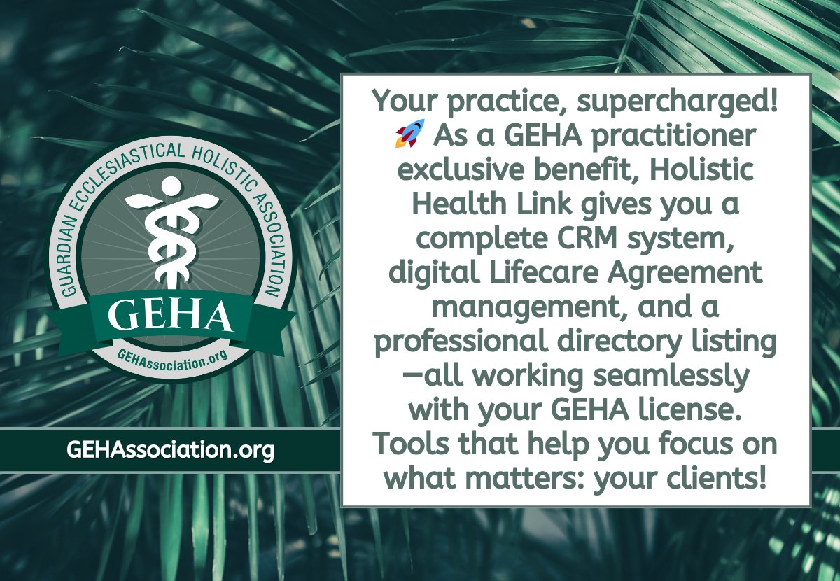 gehassociation's tweet photo. Your practice, supercharged! HHL gives you a complete CRM system, digital Lifecare Agreement management, and professional directory listing—all integrated with your GEHA license. Focus on your clients! https://t.co/YMuszIoA6c #GEHA #HolisticHealthLink #PracticeTools #WorkSmarter https://t.co/trnVuv9Xfi