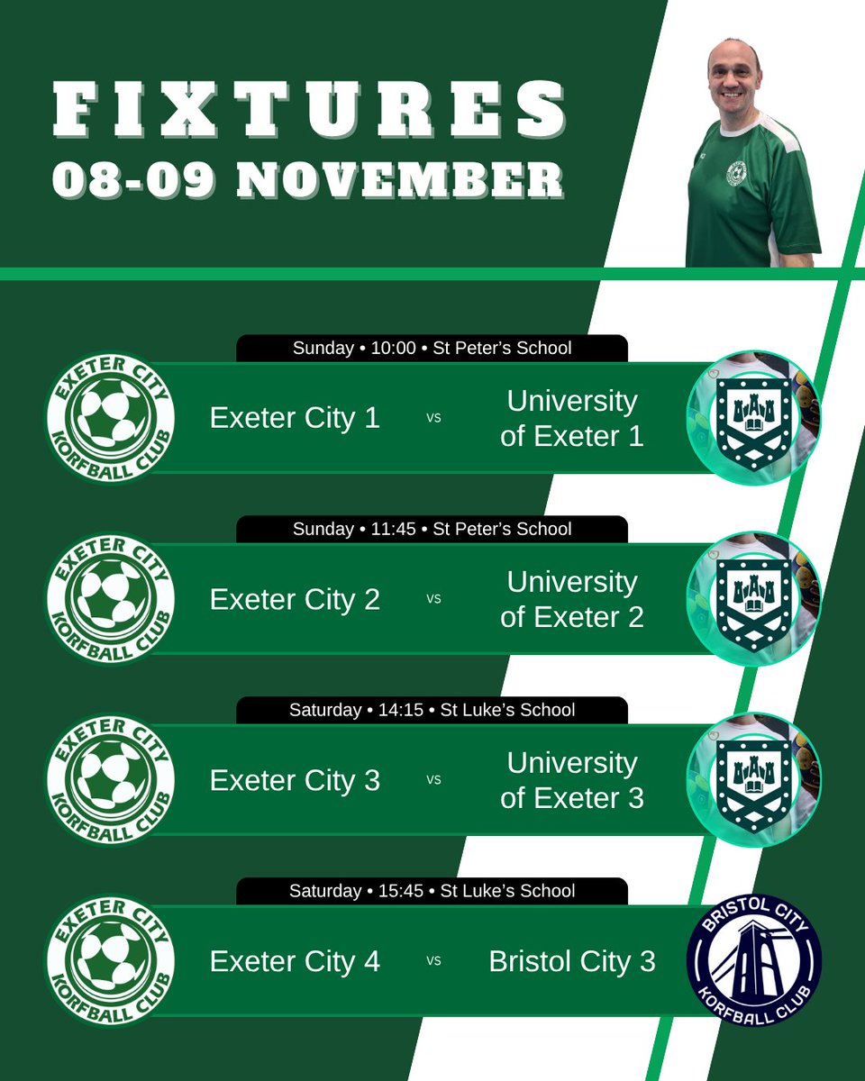 We have FOUR home matches for the first time!! And we have an Exeter 1s, 2s, and 3s Derby! Good luck all 💚
#korfball #korfballeague #exeter #exetercitykorfball #exetersport #TeamSport #mixedgendersport #sportforall <a href="/swkakorf/">SWKA Korf</a> <a href="/exeterunikorf/">Exeter Uni Korfball</a> <a href="/BristolCityKorf/">Bristol City Korfball Club</a> <a href="/swsportsnews/">South West Sports News</a>