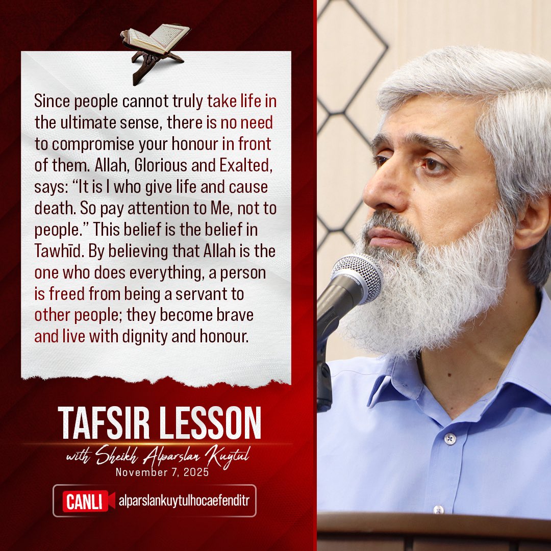 Alparslan_Eng's tweet image. „Since people cannot truly take life in the ultimate sense, there is no need to compromise your honour in front of them. Allah, Glorious and Exalted, says: “It is I who give life and cause death. So pay attention to Me, not to people.” This belief is the belief in Tawhīd. By…