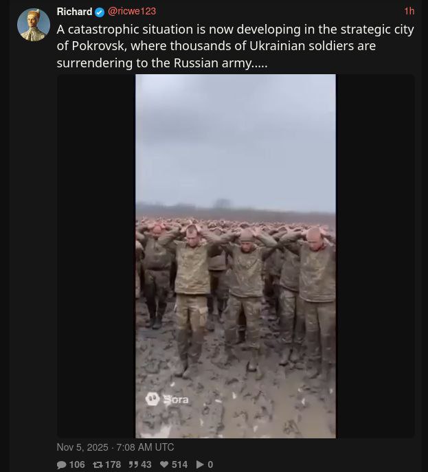 A_G_Tkachenko's tweet photo. @Shayan86 This moron posted ai-generated videos of ukrainian pow's surrendering to russia what do you even want from him? https://t.co/WwzUC98d11