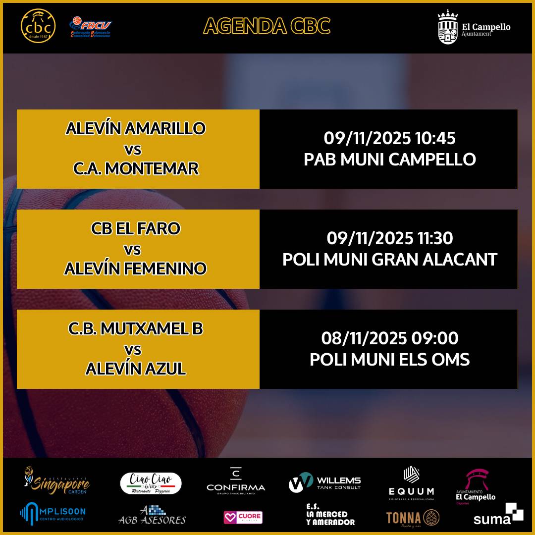 campellocb's tweet photo. 🔥 Nueva jornada CBC💪

Nuestros equipos lo dan todo dentro y fuera del Pabellón 🏀

💛💙 ¡Pasión, energía y baloncesto en cada pista!
 #VamosCBC

Colabora la Concejalía de Deportes del Ayuntamiento de El Campello
#elcampellodeportes #SumaMásCercaDeTi #baloncestoenelcampello https://t.co/J3N2bk9sFf