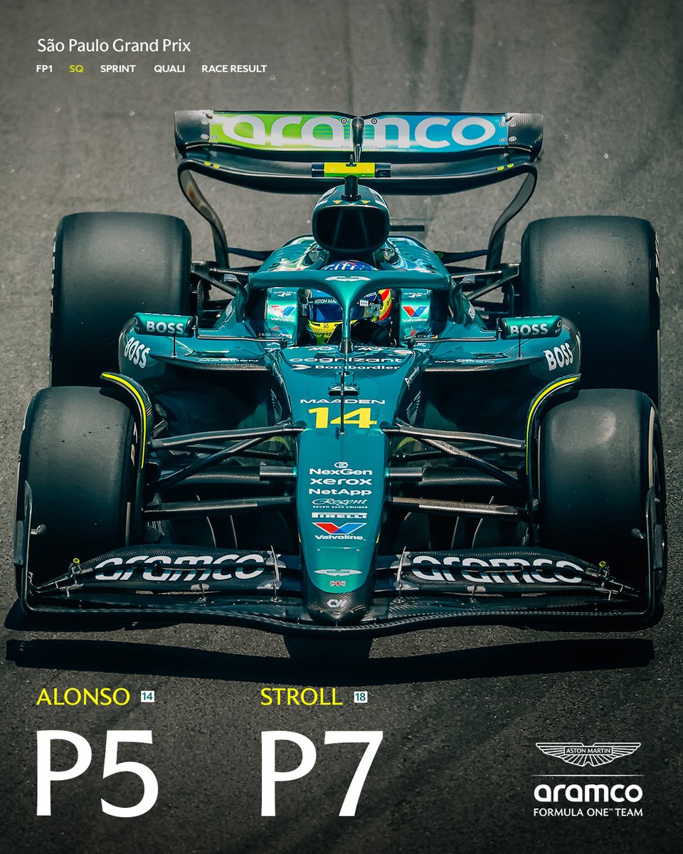 AstonMartinF1's tweet photo. Sending it in São Paulo. 🇧🇷

Solid laps from Fernando and Lance see them secure P5 and P7 in Sprint Qualifying.

#F1Sprint #BrazilGP https://t.co/HIufG9EidZ