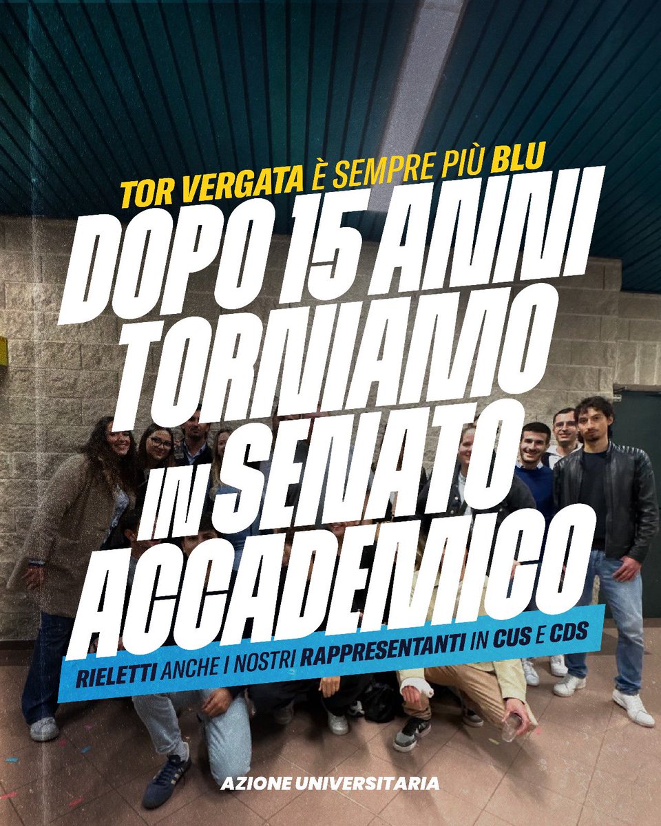 Dopo oltre quindici anni, Azione Universitaria torna là dove tutto è iniziato: negli organi centrali di Tor Vergata.
Un risultato straordinario, frutto di una splendida cavalcata fatta di dedizione, entusiasmo e voglia di cambiamento.