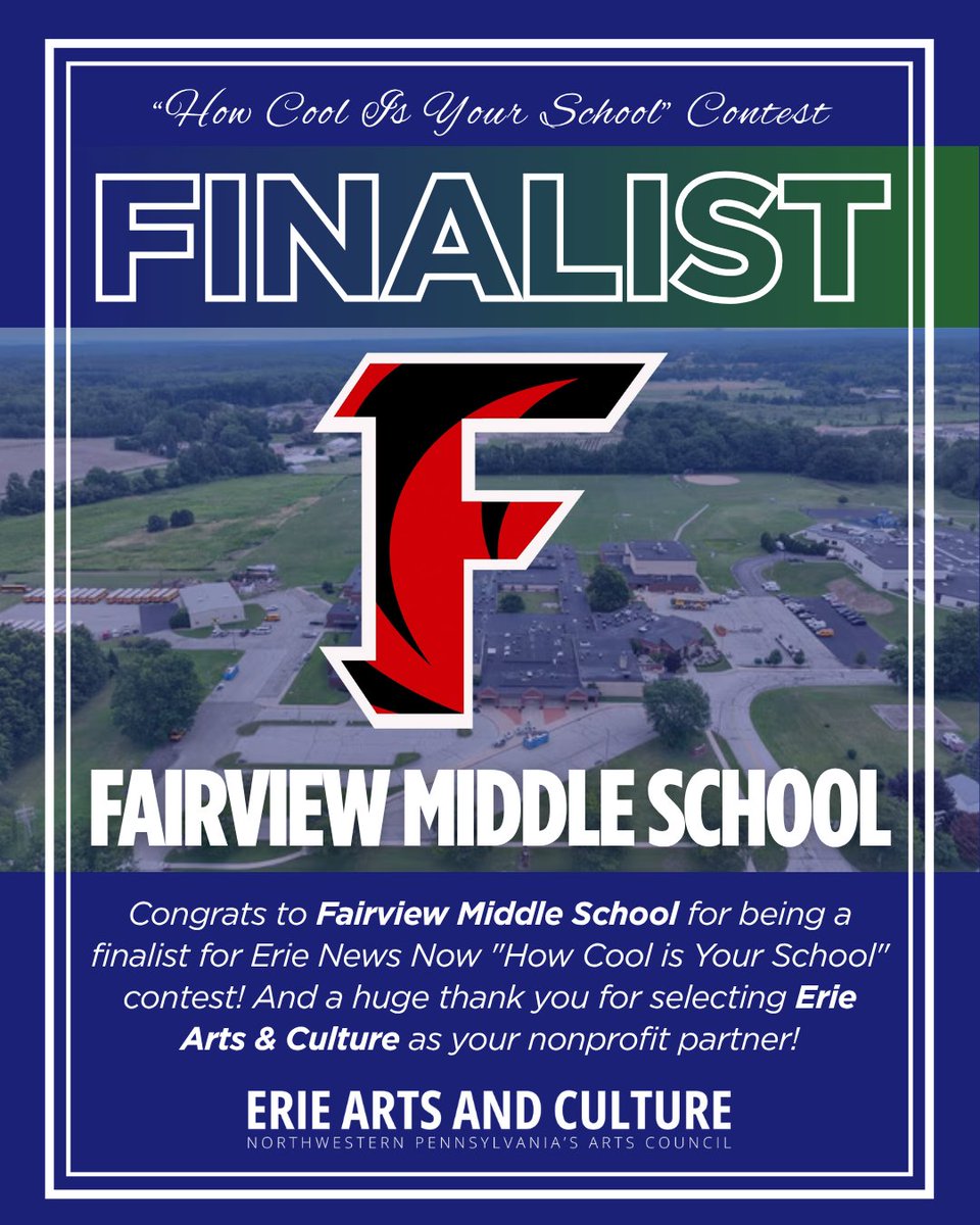 ErieA_C's tweet image. 🎉 Big news! Fairview Middle School is a finalist in Erie News Now’s How Cool Is Your School? and they picked Erie Arts &amp;amp; Culture as their nonprofit partner! 💙

Learn more &amp;amp; VOTE NOW: bit.ly/Vote4FairviewM…

#ErieArtsAndCulture #HowCoolIsYourSchool #ErieNewsNow #SupportTheArts