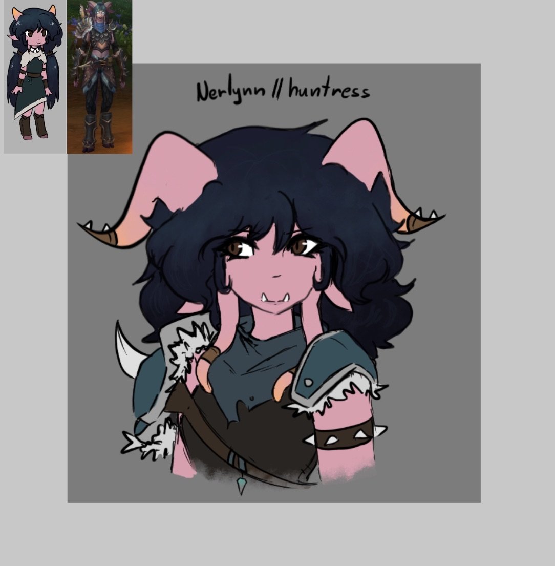 Nerlynn
Half Orc-Draenei
She's a child of Susser n Grakk, *visually* looks like her mother but has an behavior of her father
Colors also lean more to her dad