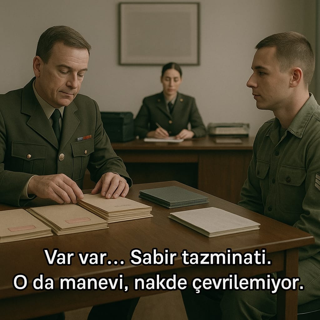 SABIR TAZMİNATI !!!
“Benim tazminatım var mı komutanım?”

Muhasebe memuru başını kaldırmaz bile, kâğıtları karıştırır,
rutin bir cümleyle noktayı koyar:

“Var var… Sabır tazminatı.
O da manevi, nakde çevrilemiyor.”

#AstsubayOnurunuİstiyor

#kizilcikşerbeti
#OrEl Eleni