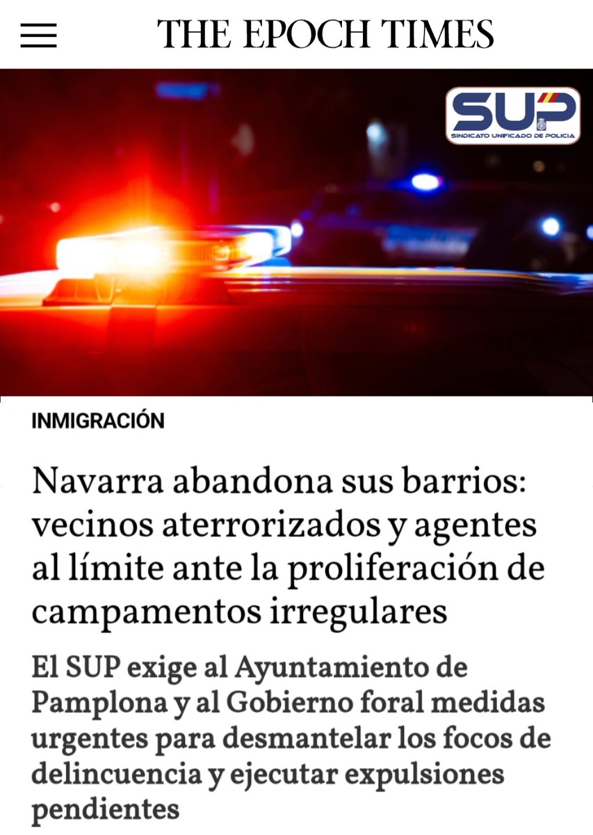 El @Sup_policia exige al Ayuntamiento de #Pamplona y al Gobierno foral medidas urgentes para desmantelar los focos de #Delincuencia y ejecutar #Expulsiones pendientes
Navarra abandona sus barrios: vecinos aterrorizados y policías al límite ante la proliferación de campamentos