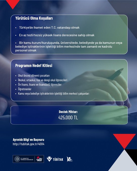 First image displays TÜBİTAK logo and program title 4004 Doğa Eğitimi ve Bilim Okulları Destekleme Programı Çağrısı Açıklanıyor with announcement text. Second image shows application deadline 8 Aralık 2025 17.30 and program details on project themes and target groups. Third image lists eligibility criteria for public and private institutions including universities and provides funding amount up to 4.25 million TL with application info.