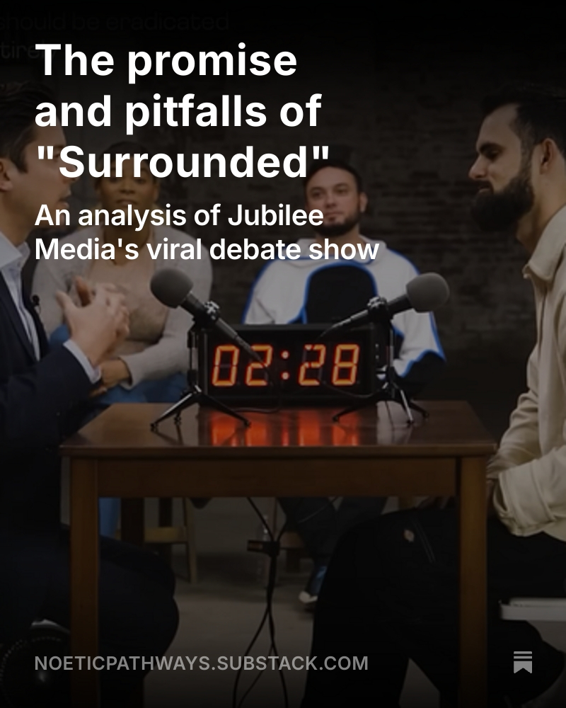 HarrisonC85744's tweet photo. Here I discuss “Surrounded,” the viral debate show from Jubilee Media. I argue that, while its unusual “one vs. many” format does some things well, the show could be altered in a few key ways to make the discussions more substantive. (Link below) https://t.co/Z1GJBJ9TFQ