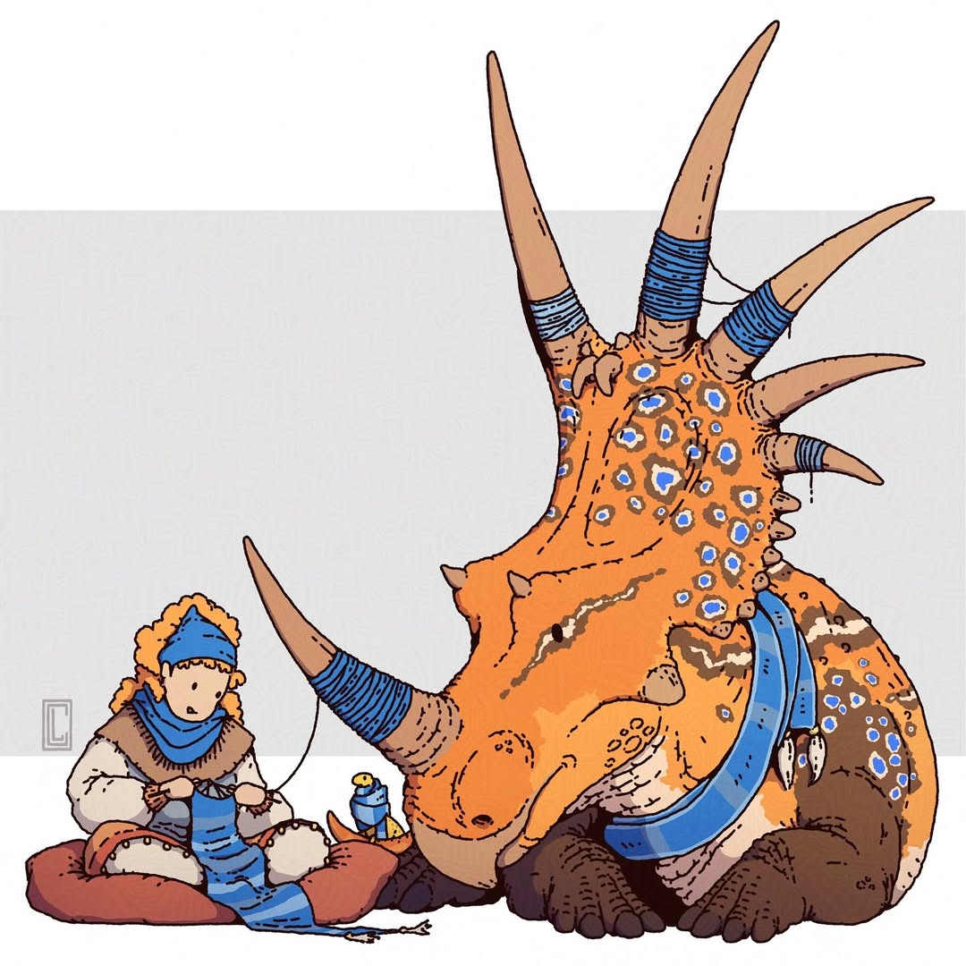 Clanaghan's Styracosaurus helping a merchant knitting