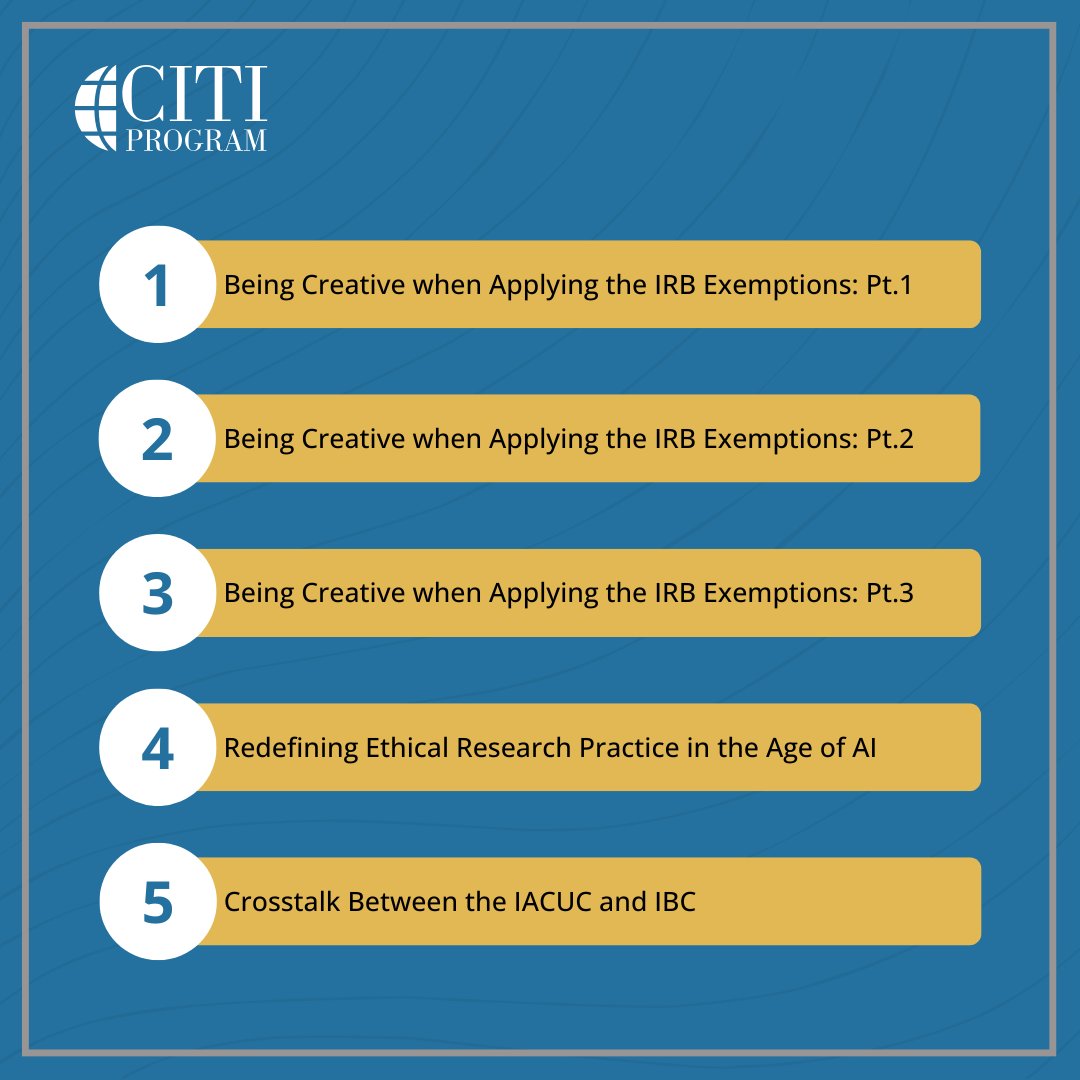 citiprogram's tweet image. Explore new webinars added to our All Access Package! We’ve added ten new expert-led webinars that discuss evolving issues in AI, ethical research practices, institutional compliance, and research administration. Check out our webinar library to view the full list.…