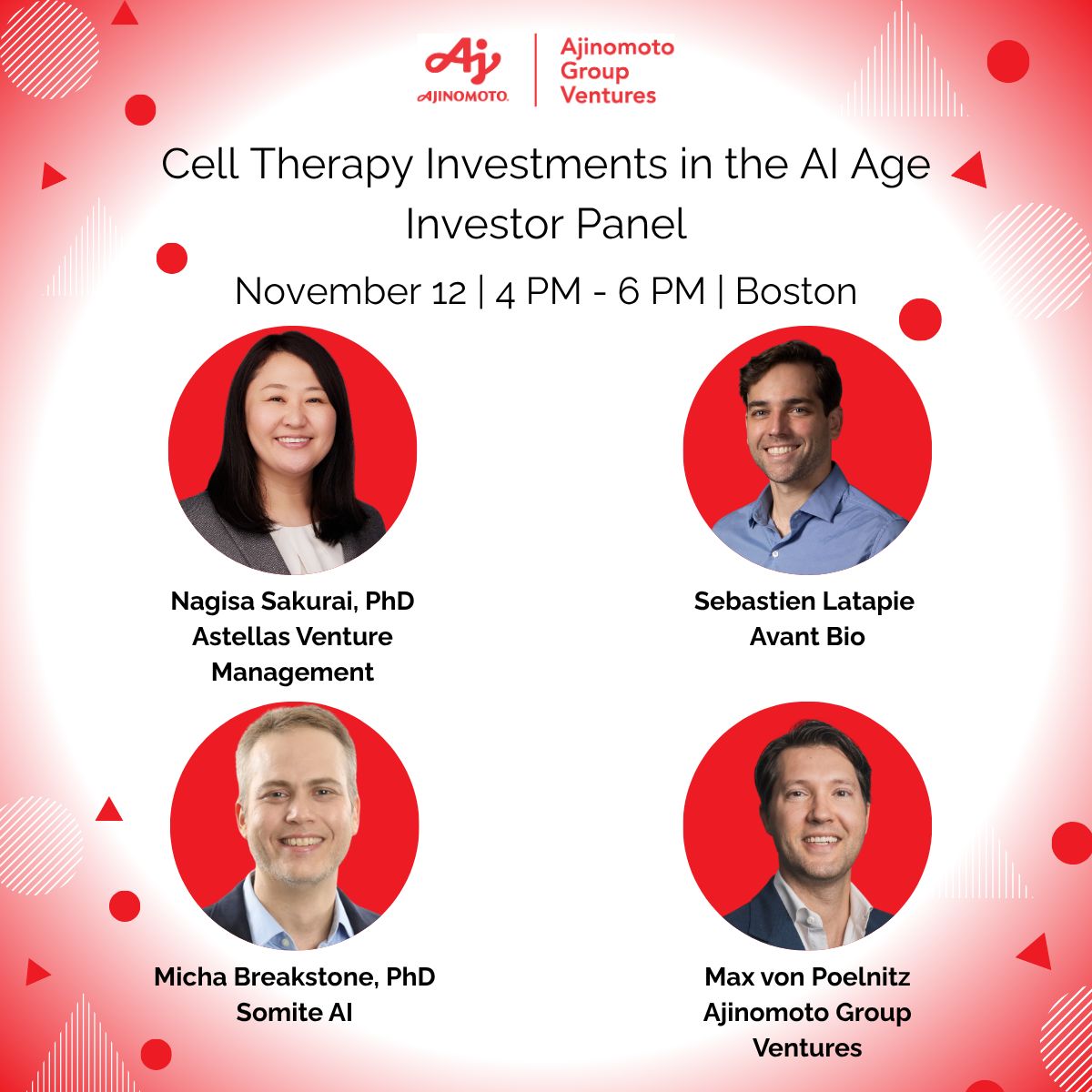 Looking forward to taking part in this incredible panel next week, hosted by Ajinomoto Ventures, to share more about #AI investing in the cell therapy sector.

Hope to see you there! labcentral.swoogo.com/Celltherapyinv…