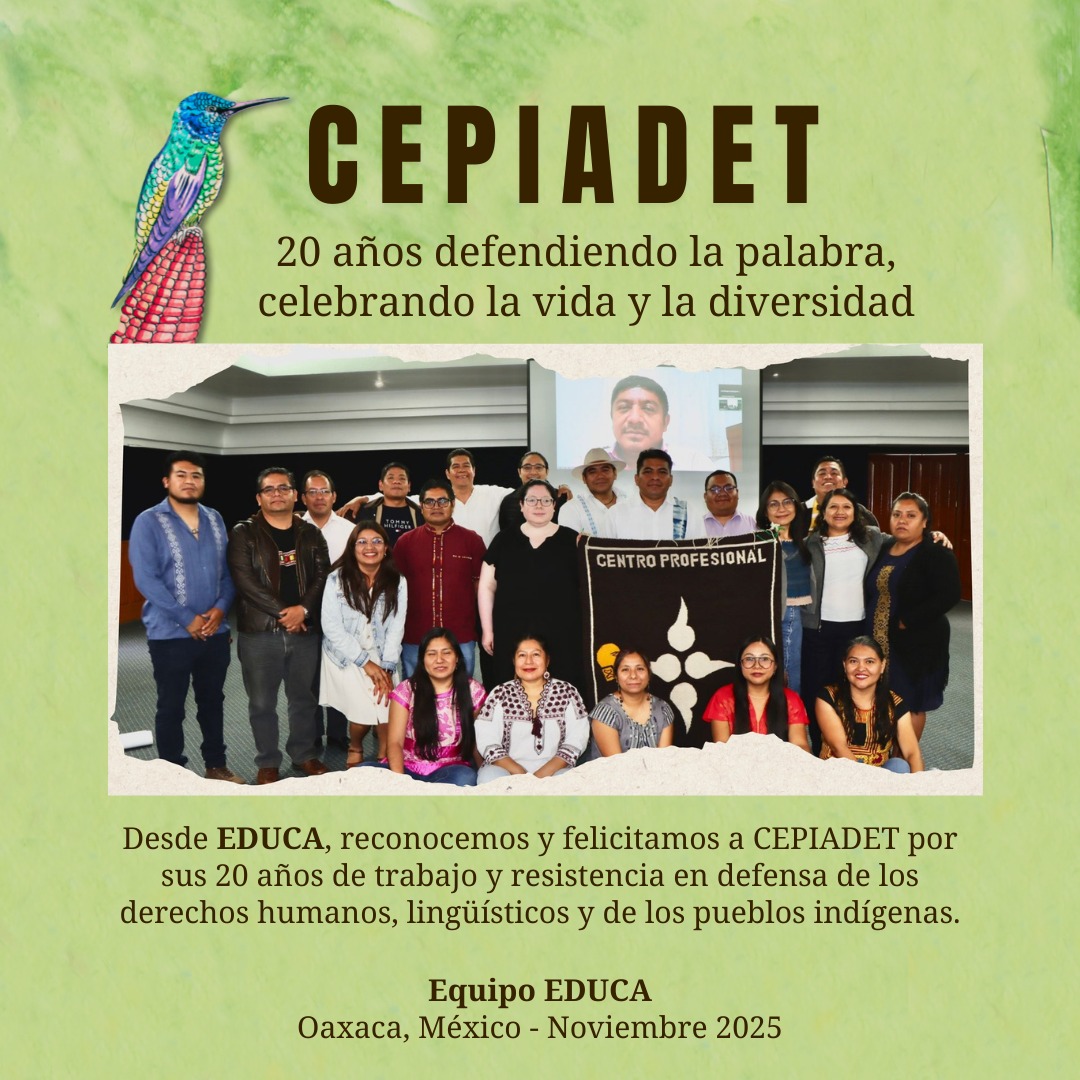 #Felicitaciones Cepiadet celebra 20 años de lucha por los derechos lingüísticos y de los pueblos indígenas.

educaoaxaca.org/cepiadet-celeb…