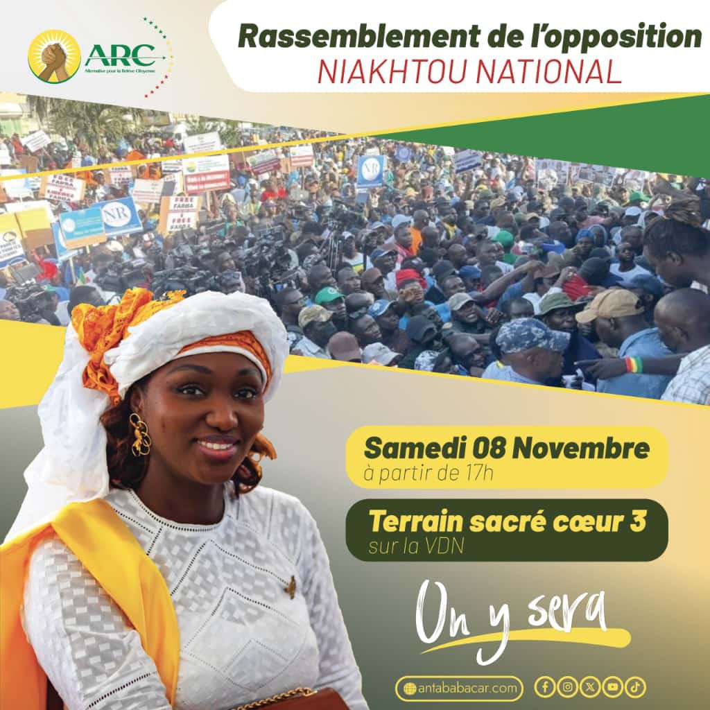 Antababacar's tweet photo. Rendez-vous de l’unité et de la détermination !
Ce samedi 08 novembre à partir de 17h, retrouvons-nous au terrain Sacré-Cœur 3 (VDN) pour le Rassemblement national de l’opposition — NIAKHTOU NATIONAL 🇸🇳

Faisons entendre la voix du peuple, celle du changement, de la justice et de la dignité.
💪🏾 Ensemble, construisons une alternative forte et citoyenne pour le Sénégal !

📍 Terrain Sacré-Cœur 3 sur la VDN
🕔 Samedi 08 novembre — dès 17h
#OnYSera ✊🏾

#ARC #AntaBabacarNgom #NiakhtouNational #Opposition #Rassemblement #Sénégal #EngagementCitoyen #UnitéPourLeChangement
