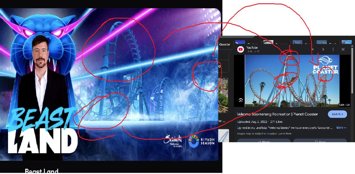 Livingdeadg0at's tweet image. mrbeast land&apos;s marketing team using some random planet coaster youtuber&apos;s thumbnail is actually fuckin crazy dued funny thing is this ride DEFINITELY isnt gunna get added judging by the renders 😭😭😭