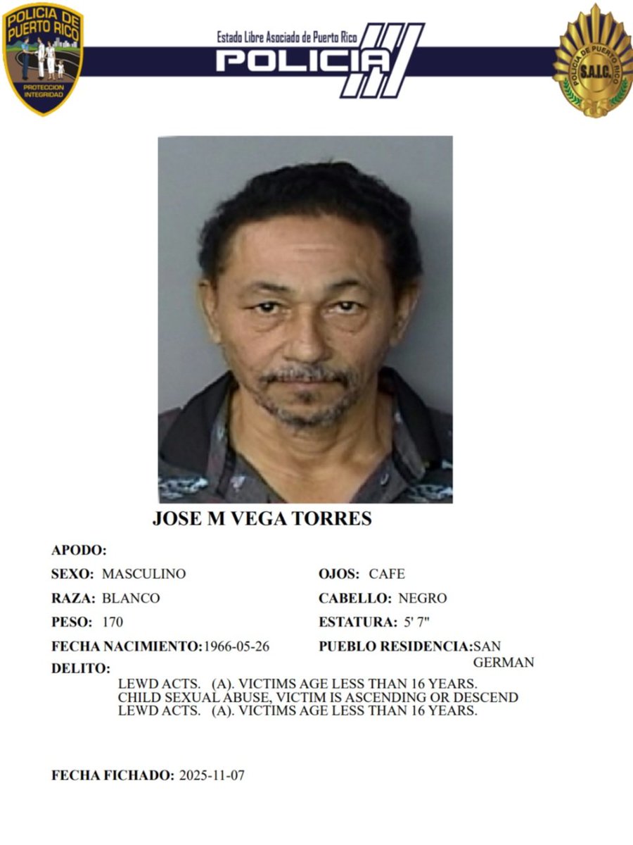 LAS AUTORIDADES LE RADICAN CARGOS A UN HOMBRE Y A UNA MUJER DE SAN GERMAN POR ABUSO Y ACTOS LASCIVOS CONTRA UNOS MENORES - A EL LO INGRESARON, A ELLA LA BUSCAN
facebook.com/share/p/1BMQw7…