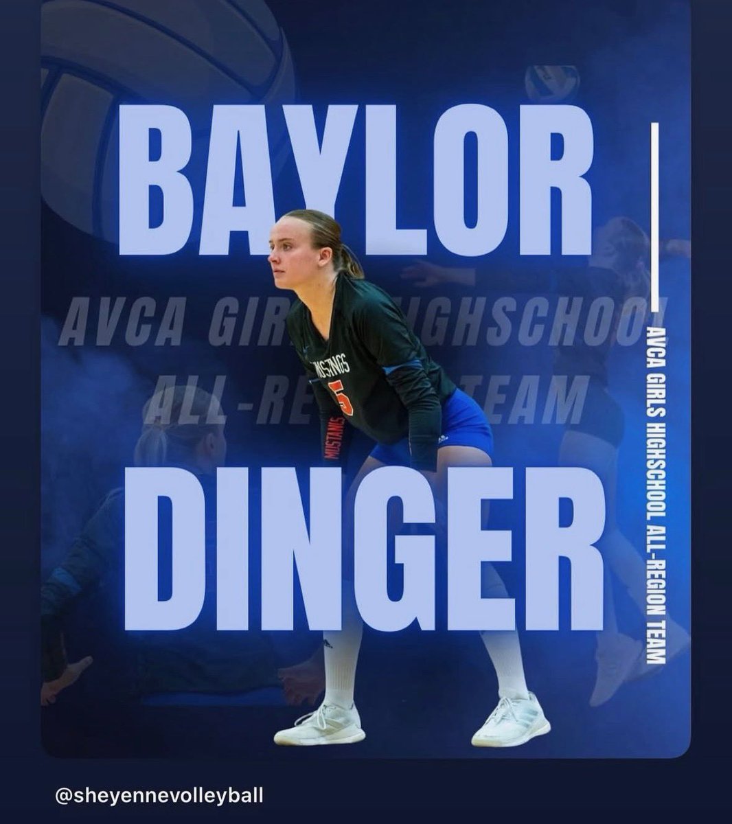 WFMustangAD's tweet photo. Shoutout to our very own Baylor Dinger for being recognized as an All-Region recipient by the AVCA in the sport of volleyball! She was chosen as a member of Region 7. Congratulations Baylor and keeping putting in the work! https://t.co/EnlEl2Yuir