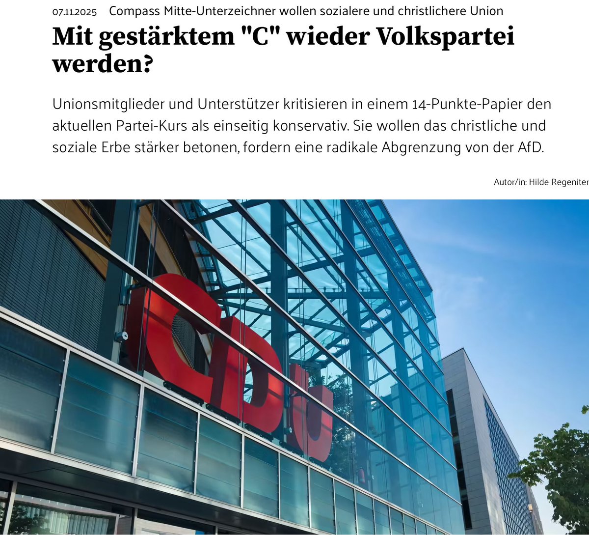 „Wüst holte für die CDU 35,7, Günther gar 43,7%. Was in Polenz‘ Augen beweist, dass die Union als im Wortsinn christdemokratischristsoziale Partei weiter das Zeug zur Volkspartei hat, während er das Potenzial einer in erster Linie konservativen Partei bei maximal 25% sieht.“