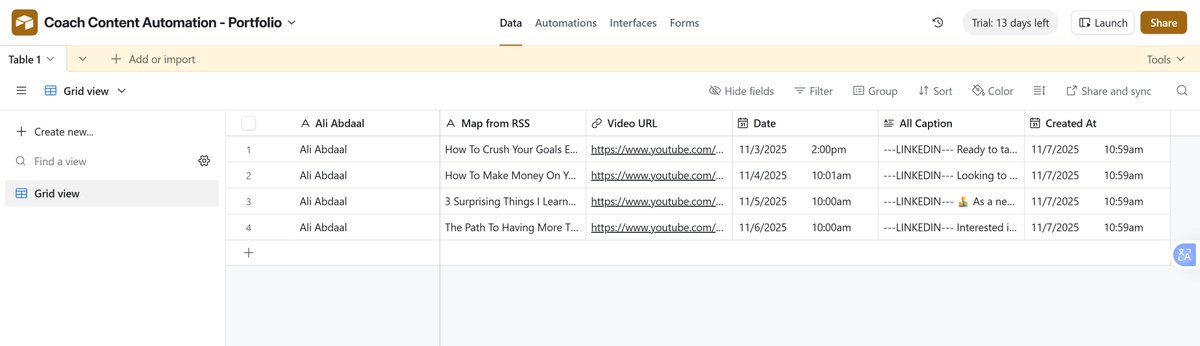 DTxpreshion's tweet photo. Day 3 of learning AI Automation with Make — built my first working scenario!

🔸 Pull Ali Abdaal’s latest videos
🔸 Auto-generate captions for LinkedIn, IG, X, TikTok
🔸 Save neatly in Airtable
All running in the background — no code.
Thanks @omoalhajaabiola for the push 🙌 https://t.co/PZDdbpIESj