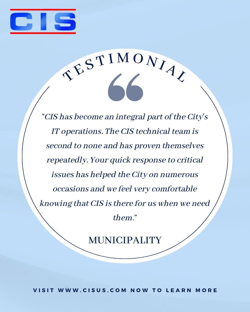 ComputerIntSvc's tweet image. Partnership. Expertise. Response.

That's the CIS promise.

We are honored to be the "integral part" of the City's operations, proving that our team is truly second to none in resolving critical issues quickly.

Schedule your free consultation with industry experts today -&amp;gt;…
