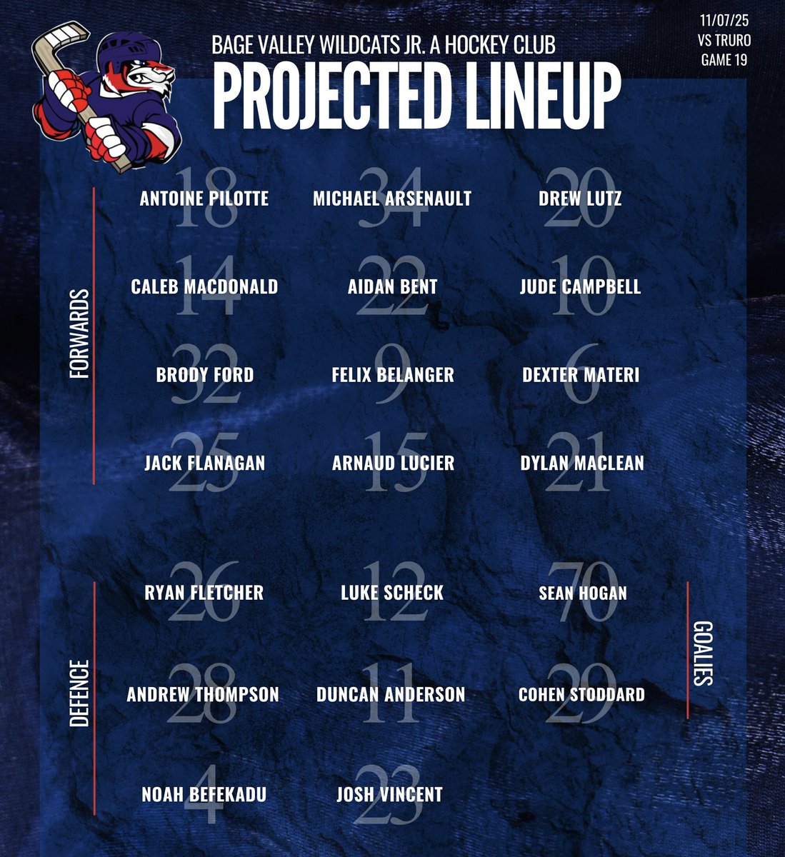Here’s the projected lineup for tonight’s game as we take on Truro on home ice at 7pm!

➡️ F Michael Arsenault returns to the lineup after missing the past four games due to injury
➡️ Newly acquired F Dexter Materi makes his MHL debut
➡️ G Sean Hogan getst he start in nets