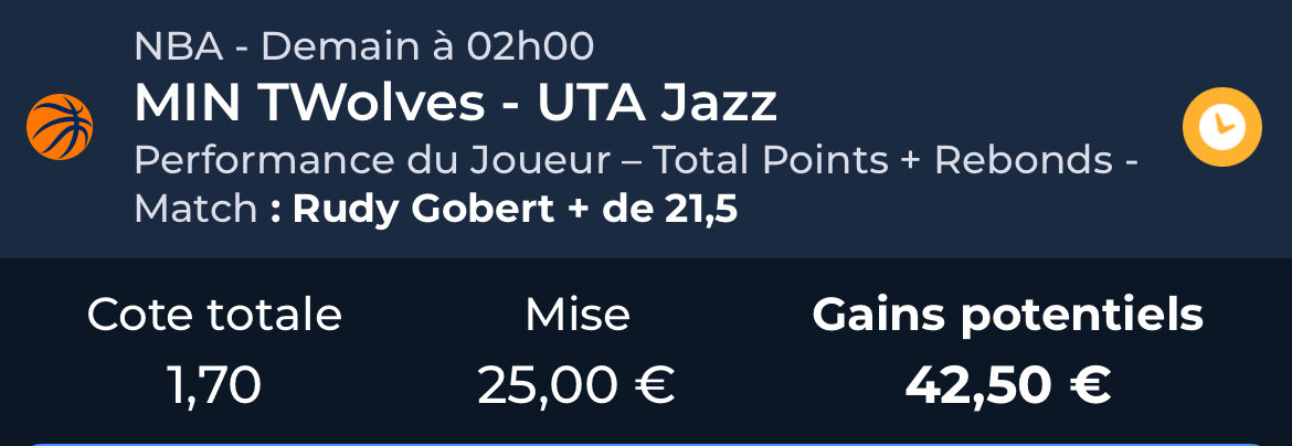 FastBreakTips's tweet image. #NBA 

Westbrook +11,5 rebonds/passes
@ 1,65 💰 1.25% 

Gobert +21.5 points/rebonds 
@ 1,70 💰 1.25% 

Book: Parions Sport en Ligne 

♻️ RT / Fav ❤️ si tu suis 
#TeamParieur #FastBreakTips