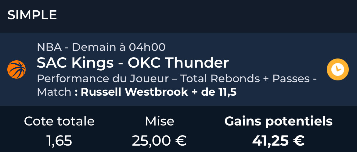 FastBreakTips's tweet image. #NBA 

Westbrook +11,5 rebonds/passes
@ 1,65 💰 1.25% 

Gobert +21.5 points/rebonds 
@ 1,70 💰 1.25% 

Book: Parions Sport en Ligne 

♻️ RT / Fav ❤️ si tu suis 
#TeamParieur #FastBreakTips
