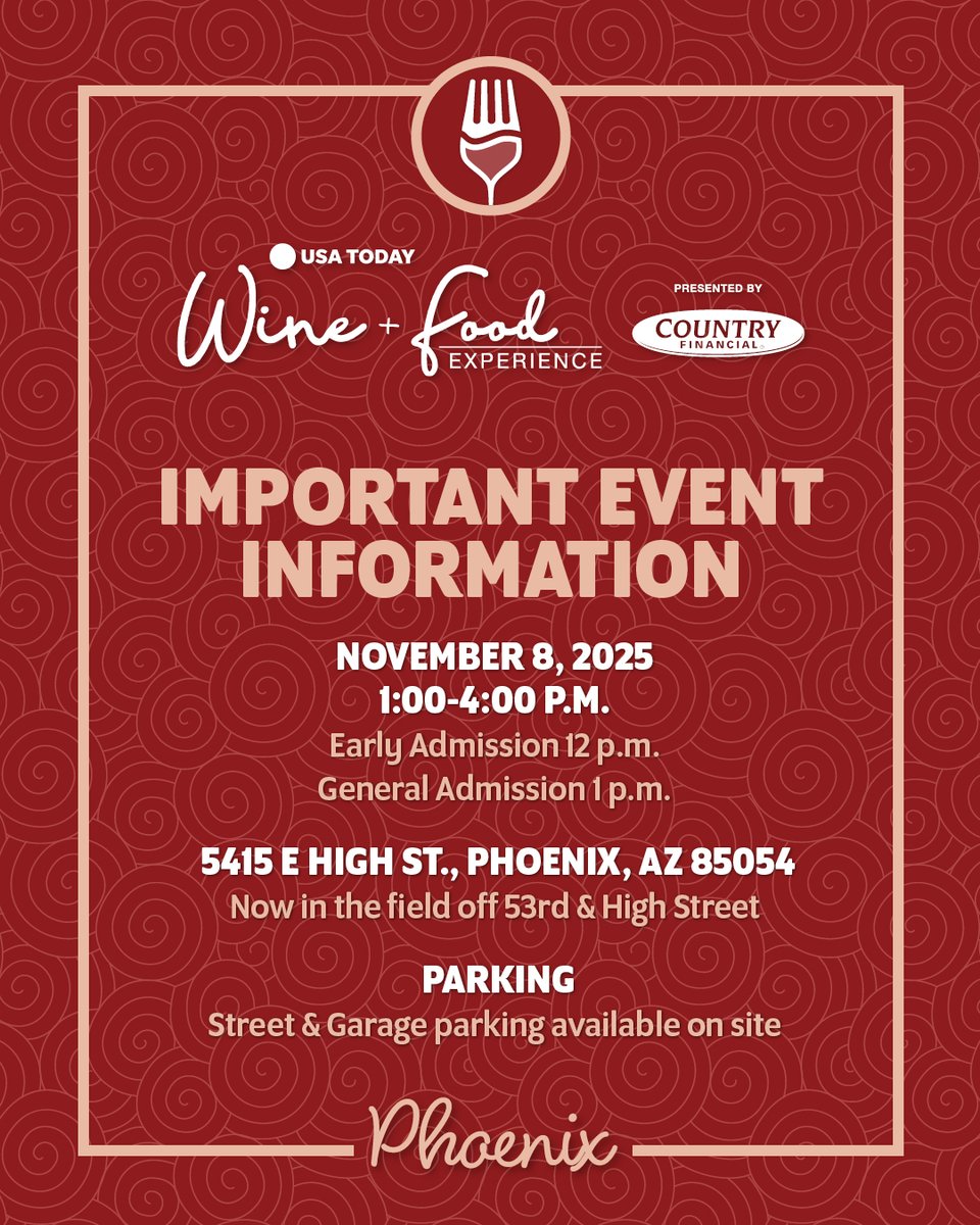 Glasses up, Phoenix! Tomorrow we sip and celebrate! 🍷🍴

📍 High Street
🕐 Early Admission: 12 PM | General Admission: 1 PM
🌵 Taste, Sip &amp; Savor the Best of the Valley