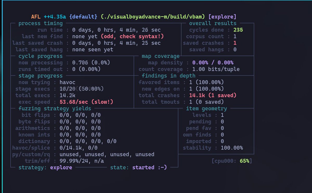 Farenain's tweet image. As part of @fuzzsociety_org courses, there&apos;s a masterclass about fuzzing a Visualbodyadvance emulator for game boy and game boy advance. We are polishing for updating it and provide interesting results! 
*This crash needs to be checked to see what&apos;s the problem
#Fuzzing #GameBoy
