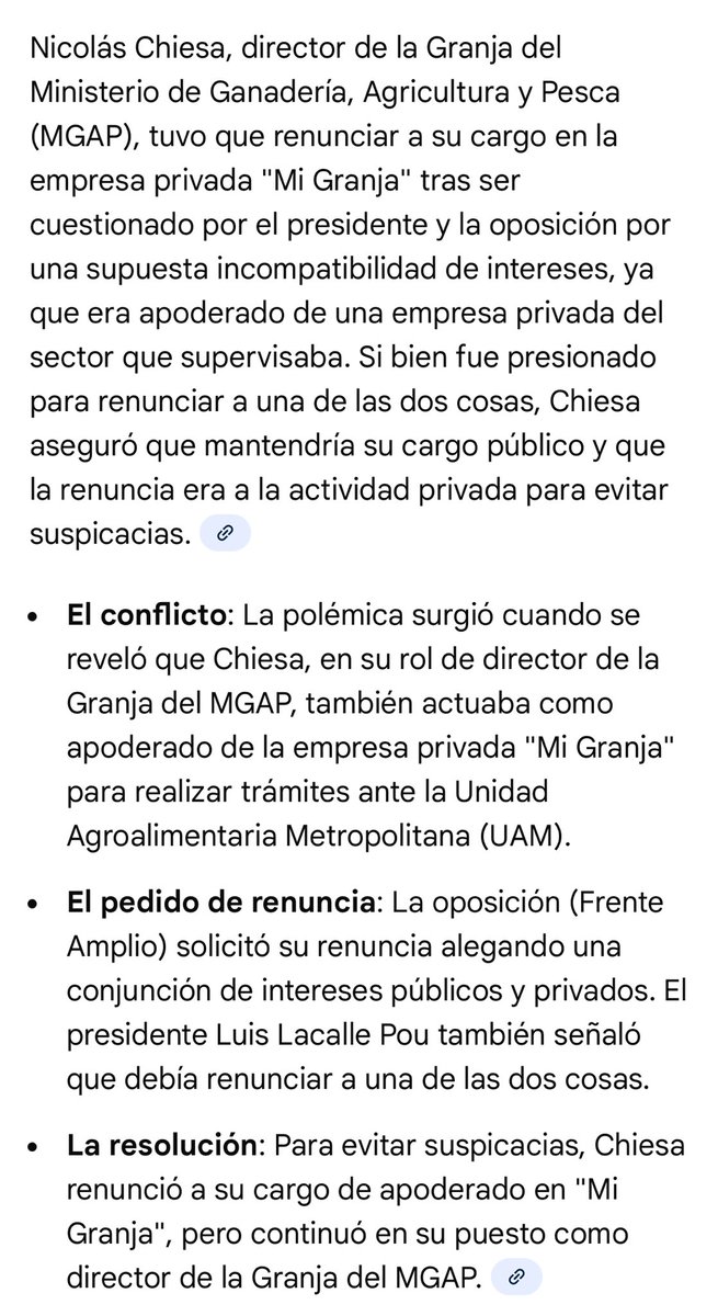 Acá el frente amplio pidió la renuncia de Chiesa al cargo de director de La Granja del Ministerio de Ganadería xq no se podía estar del lado publico y privado a la vez,ahora parece que para la gente de su partido es “compatible “obvio no somos iguales 👇