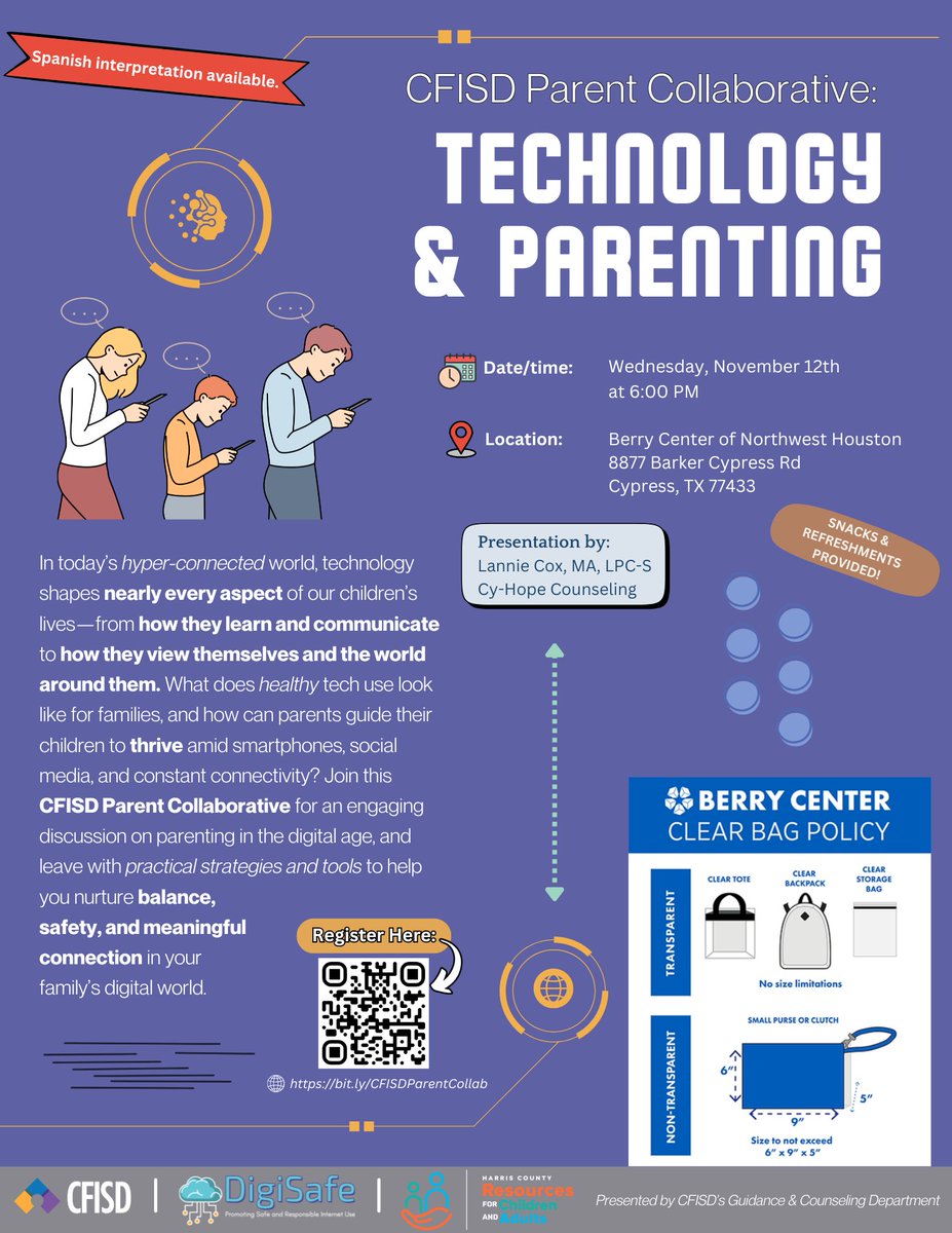 CFISDCounseling's tweet image. 📱Parenting in the digital age isn’t easy! Join us for CFISD Parent Collaborative: Technology &amp;amp; Parenting to explore healthy tech habits &amp;amp; practical tools for families.
🗓️ Wednesday, Nov. 12 | 6PM | Berry Center
🔗 Register: bit.ly/CFISDParentCol… @CFISDPDMHIT @CyFairISD