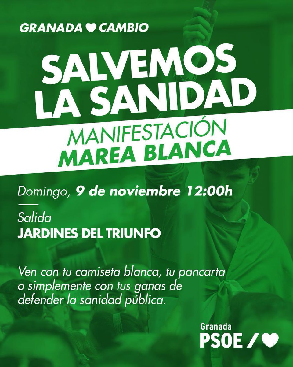 ¡Defendamos nuestra Sanidad Pública! 💚

Este domingo a las 12h tenemos una cita en los Jardines del Triunfo para alzar la voz por una SANIDAD PÚBLICA 100%

La Sanidad Pública está en tus manos✊🏼 por una atención sanitaria digna y de calidad 🏥

#Sanidad100x100 #DefiendeLoPúblico