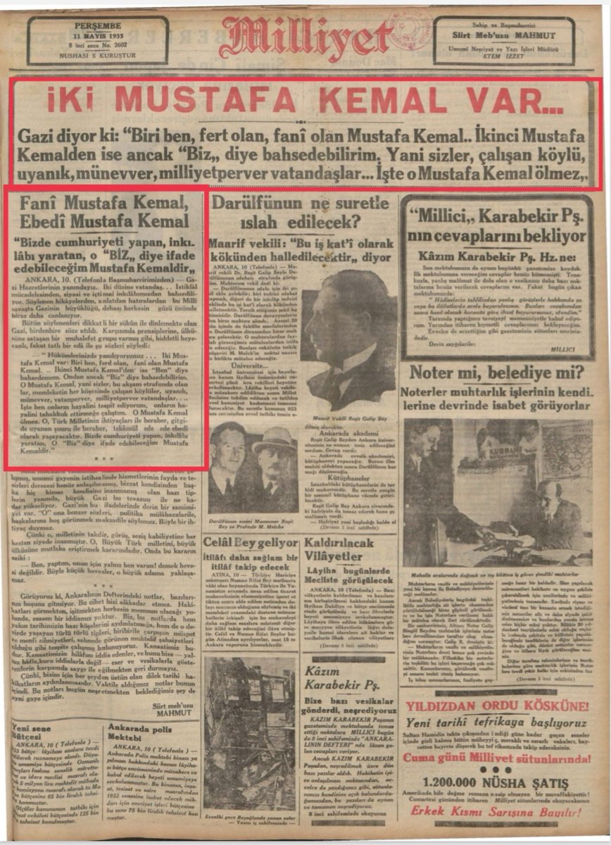 SMEYDAN's tweet photo. O MUSTAFA KEMAL (ATATÜRK) ÖLMEZ! 

Bakın ne demişti Atatürk?  

"İki Mustafa Kemal var: Biri ben, fert olan, fani olan Mustafa Kemal. İkinci Mustafa Kemal'den ise 'ben diye bahsedemem. O Mustafa Kemal, yani sizler, bu akşam etrafımda olanlar, memleketin her köşesinde çalışan köylüler, uyanık, münevver, vatanperver, milliyetperver vatandaşlar... İşte ben onların hayalini temsil ediyorum. Onların hayalini gerçekleştirmeye çalıştım. O Mustafa Kemal ölmez. O, Türk milletinin ihtiyaçları ile beraber, gitgide de uyanan şuuru ile beraber, tekamül ede ede edebi olarak yaşayacaktır. Bizde Cumhuriyeti yapan, inkılabı yaratan, o 'biz' diye ifade edebileceğim Mustafa Kemal'dir "

Mustafa Kemal Atatürk, (Milliyet, 11 Mayıs 1933)

Yıl olmuş 2025, birileri hala kudurmuşça ve arsızca Atatürk'e saldırıyorlar. Çünkü ellerindeki tüm olanaklara rağmen onu yenemediler, yenemiyorlar. Atatürk, ölümünün üstünden 87 yıl geçmiş olmasına rağmen düşünceleriyle hâlâ çok canlı, hâlâ yol göstermeye devam ediyor. Ne kadar kudursalar da boş! Atatürk fikirleriyle ve temsil ettiği değerlerle ölümsüzdür. Çok daha önemlisi Atatürk'ün 1933 yılında sözünü ettiği "İKİNCİ MUSTAFA KEMAL", yani Atatürk'ü her geçen gün daha iyi anlayan Türk gençleri, Turk ulusu var oldukça Atatürk ölmez, öldürülemez.