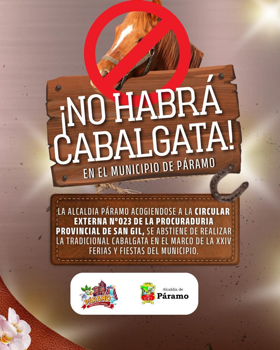 ElRegionall's tweet photo. 🚨ATENCIÓN COMUNIDAD🚫

💙La Alcaldia Páramo acogiendose a la circular externa Nº023 de La procuraduria provincial de san gil, se abstiene de realizar la Tradicional Cabalgata en el marco de la XXIV Ferias y Fiestas del municipio.

#AlcaldiaParamo
#MiCompromisoEsServir https://t.co/hWEa7xwEyk