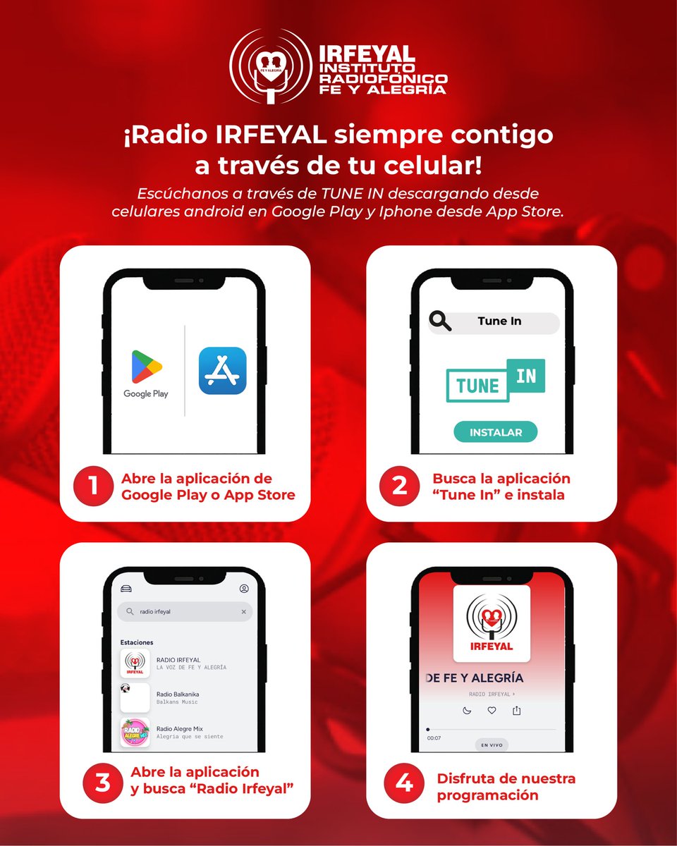 🎙️ RADIO #IRFEYAL 

💬 ¿Sabías que el Instituto Radiofónico Fe y Alegria - IRFEYAL usa la metodología de enseñanza ECCA, educación a distancia mediante radio? 📻

🎧 Acercamos nuestra programacion educativa y cultural mediante la App Radio Irfeyal 📲⬇️

#comunicación #educación